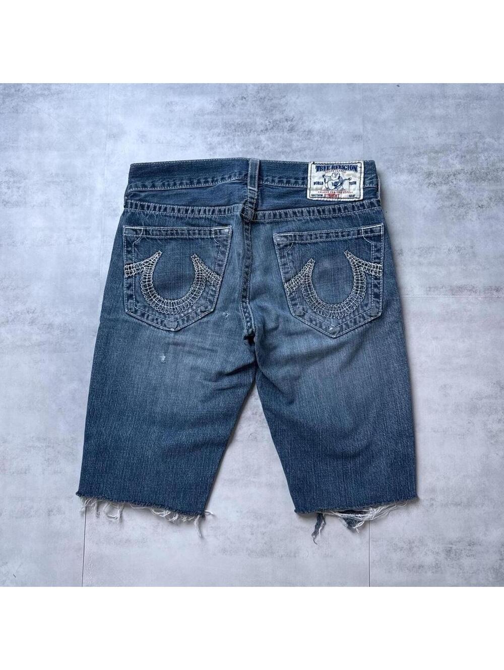Y2K True Religion blue denim distressed shorts